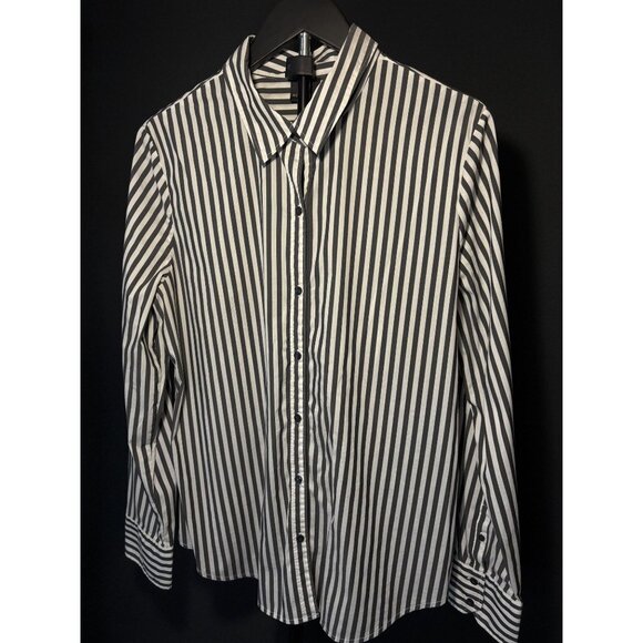 Worthington Button Up Collared Cuffed Long Sleeve Shirt Grey Black White Striped - Picture 3 of 16